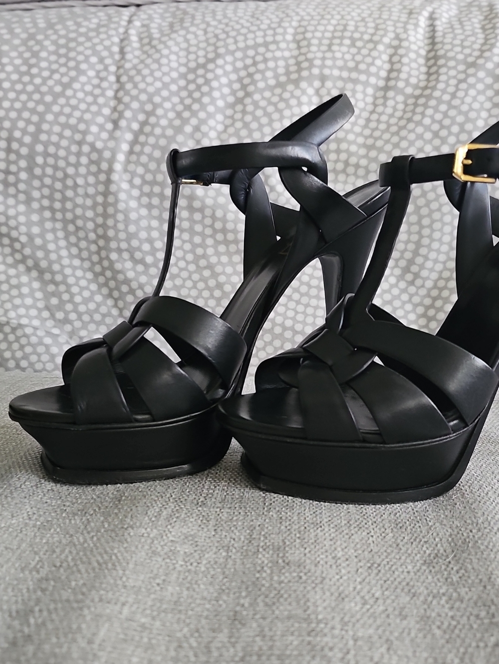 Saint Laurent Black Braided Platform Sandals with Gold-tone Buckles - Picture 11 of 13